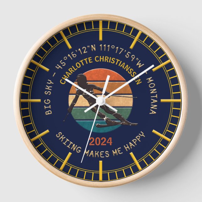 Ski Big Sky, Montana - Woman Skier, Yellow Text Clock (Front)