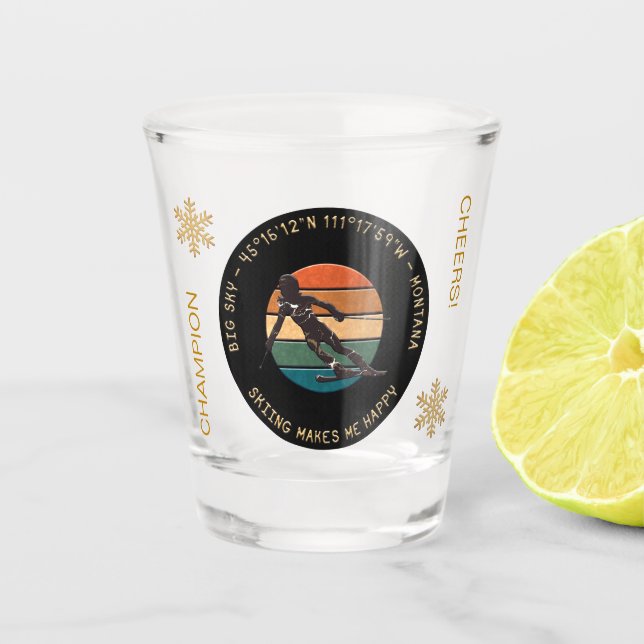 Ski Big Sky, Montana - Woman Skier, Yellow Text Shot Glass (Front)