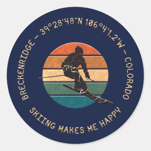 Ski Breckenridge Colorado _ Man Skier Golden Text Classic Round Sticker