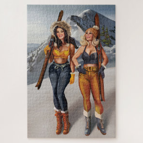 "Ski Bunnies" Retro Pinup Girls Skiing Art Jigsaw Puzzle