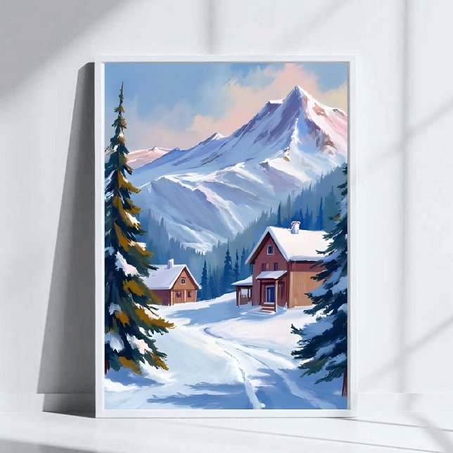 Ski Cabin Mountain Landscape Watercolor Winter Poster (Creator Uploaded)