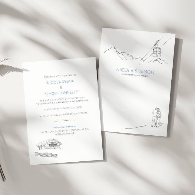Ski Cable Car Couple In Love Snowy Mountaintops Invitation (Sample)