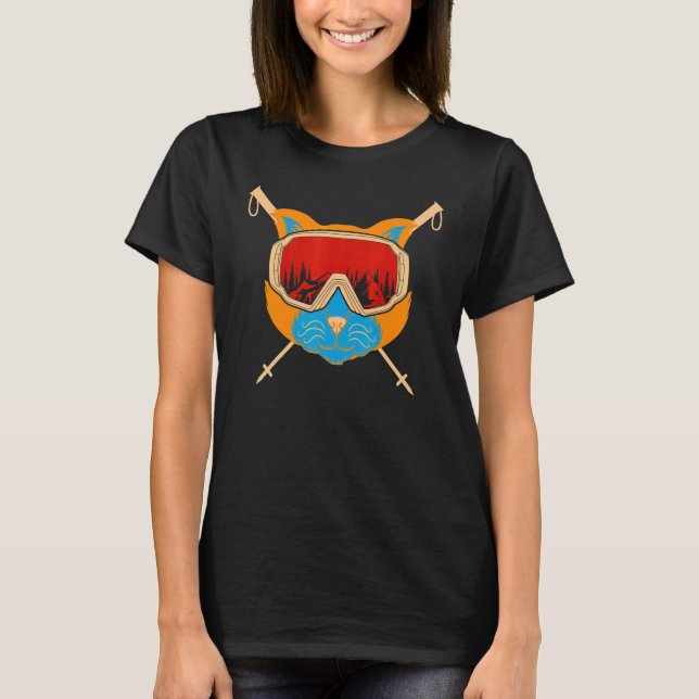 Ski Cat Goggles Skiing & Cat Snow Mountain Skiing T-Shirt (Front)