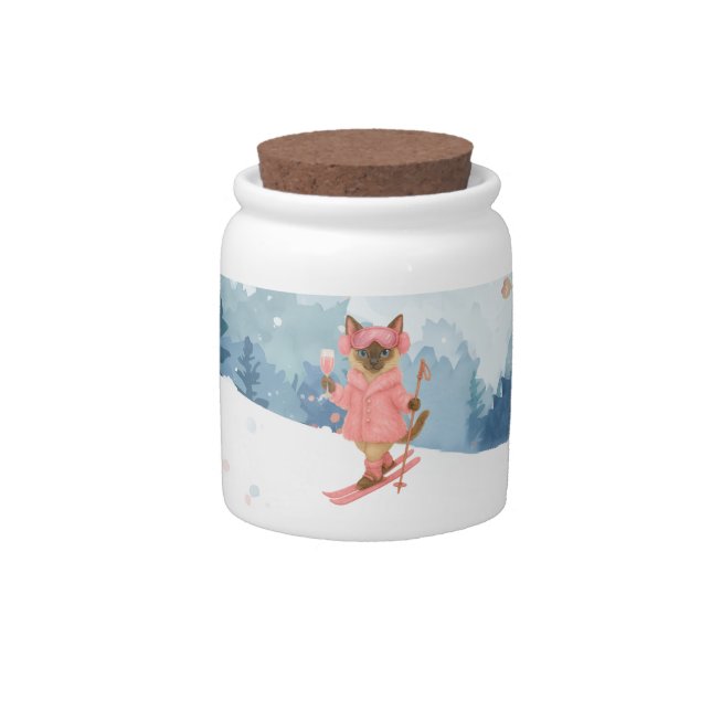 Ski Cat is skiing in Pink Bachelorette Party  Candy Jar (Front)