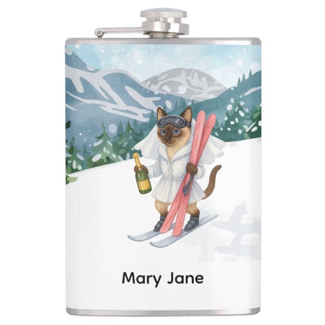 Ski Cat is skiing in Pink Bachelorette Party  Flask (Front)