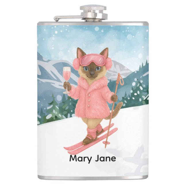 Ski Cat is skiing in Pink Bachelorette Party  Flask (Front)