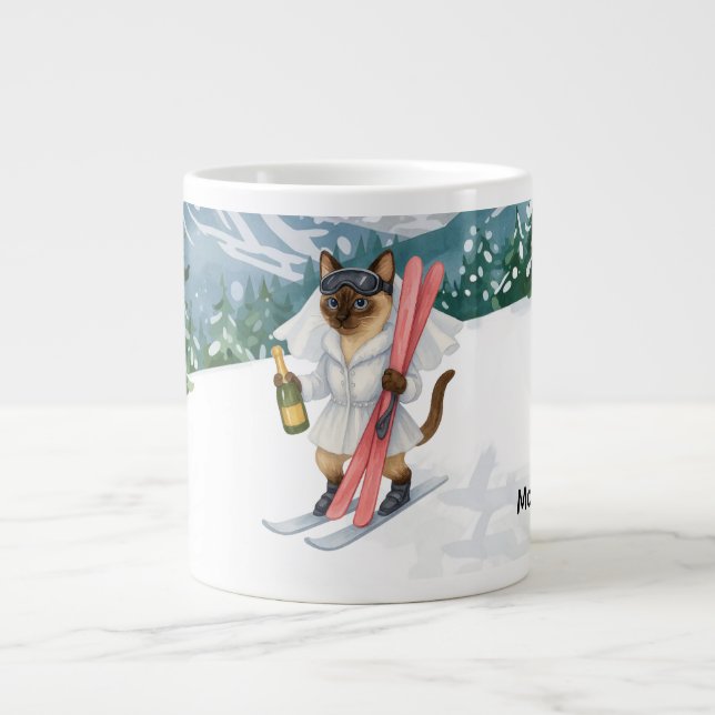 Ski Cat is skiing in Pink Bachelorette Party  Giant Coffee Mug (Front)