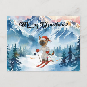 Ski Christmas for Cat Santa Claus Siamese Cat fan Holiday Postcard