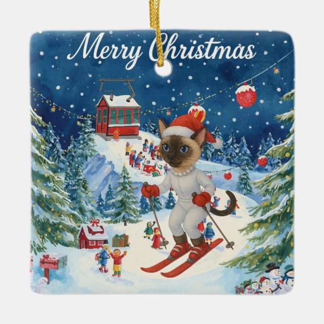 Ski Christmas for Santa Siamese Cat Lovers Snowy  Ceramic Ornament (Front)