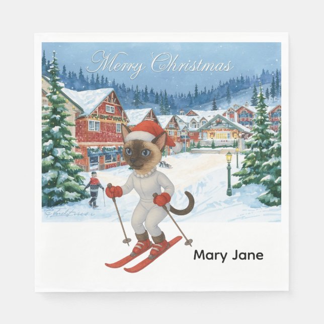 Ski Christmas for Santa Siamese Cat Lovers Snowy  Napkins (Front)