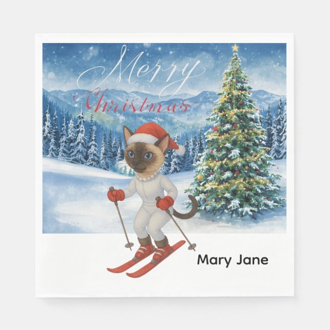 Ski Christmas for Santa Siamese Cat Lovers Snowy  Napkins (Front)