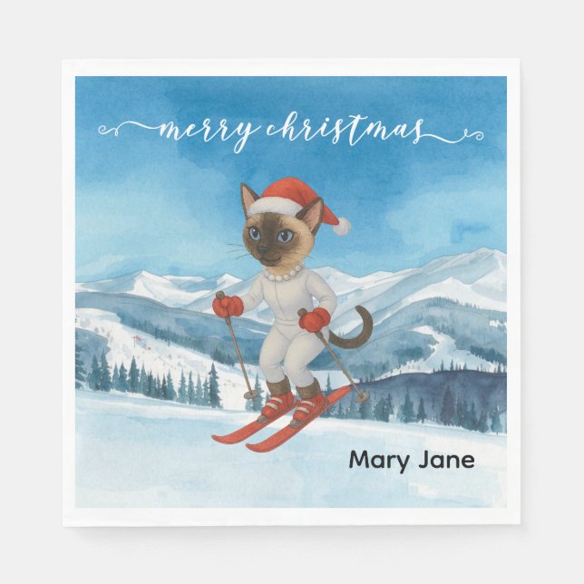 Ski Christmas for Santa Siamese Cat Lovers Snowy  Napkins (Front)