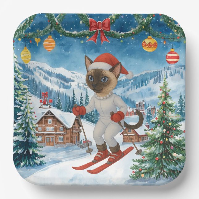 Ski Christmas for Santa Siamese Cat Lovers Snowy  Paper Plates (Front)