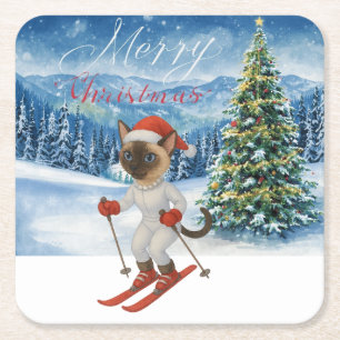 Ski Christmas for Santa Siamese Cat Lovers Snowy Square Paper Coaster