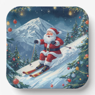 Ski Christmas with Santa Claus on the mountain Paper Plates