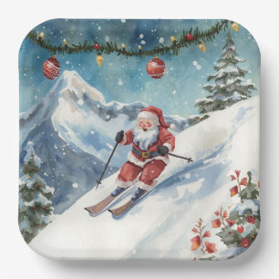 Ski Christmas with Santa Claus on the mountain Paper Plates