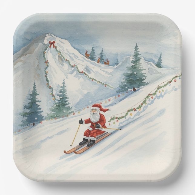 Ski Christmas with Santa Claus on the mountain  Paper Plates (Front)