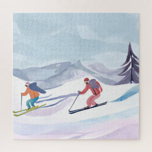 Ski Day Watercolor Winter Mountain Jigsaw Puzzle