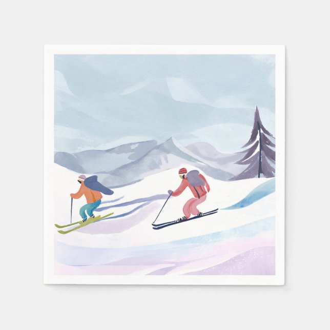 Ski Day | Watercolor Winter Mountain Napkins (Front)