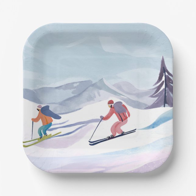 Ski Day | Watercolor Winter Mountain Paper Plates (Front)