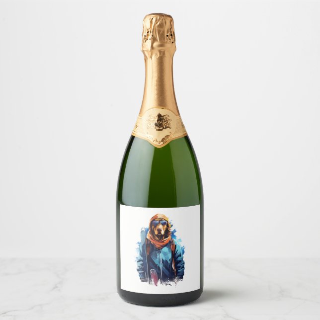 Ski Dog in Ski Googles  5 Sparkling Wine Label (Front)