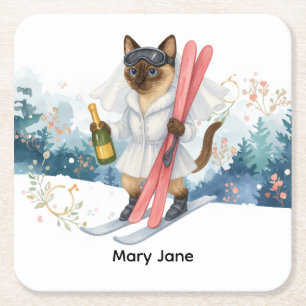 Ski for Bachelorette Party Siamese cat lovers Square Paper Coaster