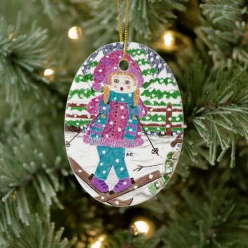 Ski girl oval ceramic Christmas ornament