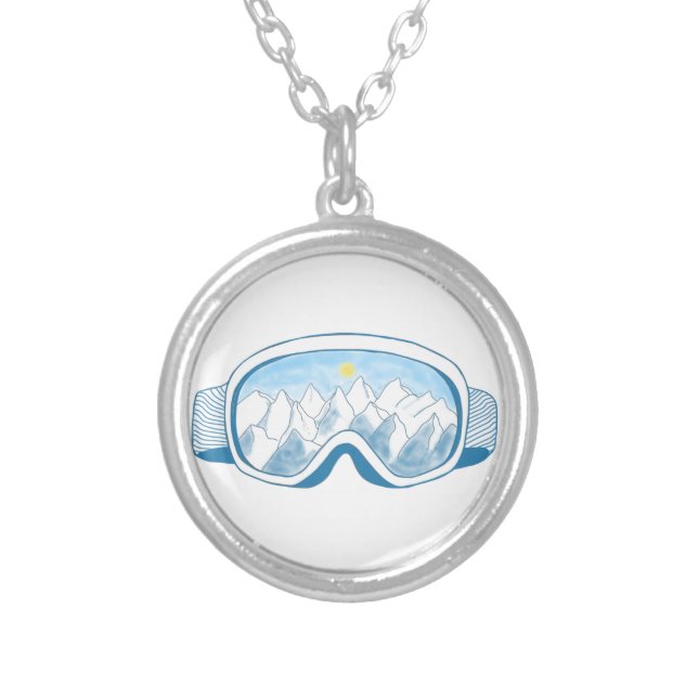 Ski Goggles Illustration   Silver Plated Necklace (Front)