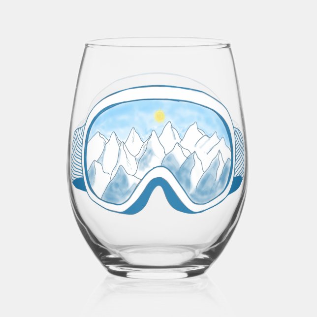 Ski Goggles Mountain Reflection Sky Pale Blue Stemless Wine Glass (Front)