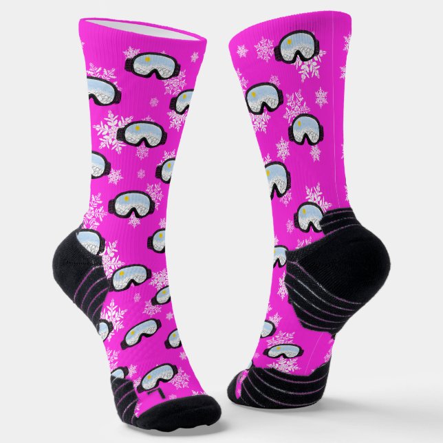 Ski Goggles Mountain Skier Snowboarder Hot Pink Socks (Angled)