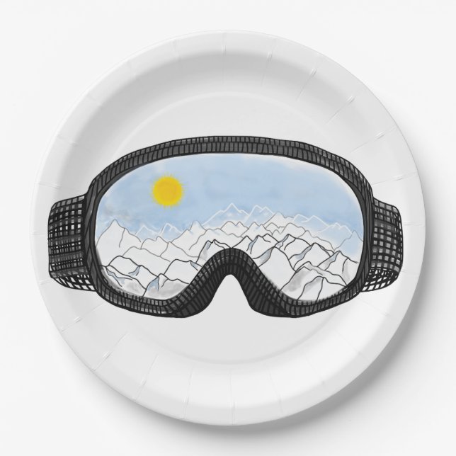 Ski Goggles Mountain View Illustration  Paper Plates (Front)