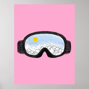 Ski Goggles Mountain View Illustration Pink Poster