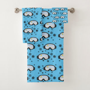 Ski Goggles Mountain View Snowflakes Blue  Bath Towel Set