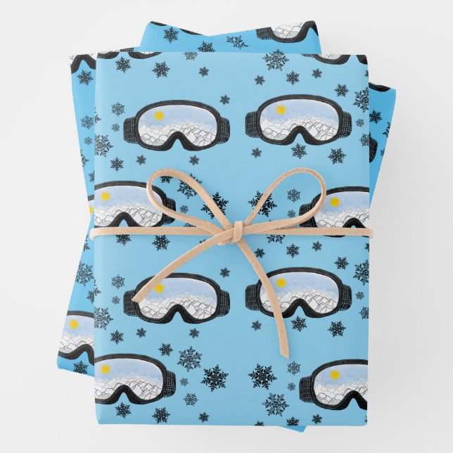 Ski Goggles Mountain View Snowflakes Blue  Wrapping Paper Sheets (In situ)