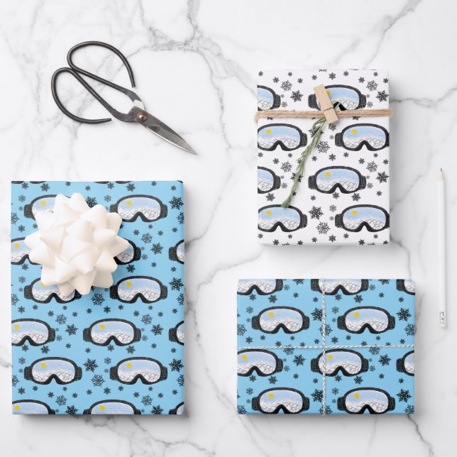 Ski Goggles Mountain View Snowflakes Illustration  Wrapping Paper Sheets (Front)