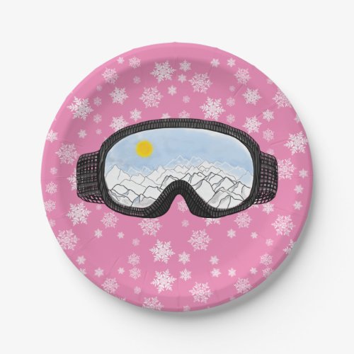 Ski Goggles Mountain View Snowflakes Pink Paper Plates