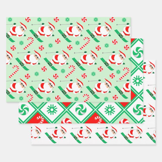 Ski Holiday Santa Skiing Gift Wrapping Paper Sheets (Set)
