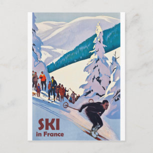 Ski in France, winter holiday, vintage travel Postcard