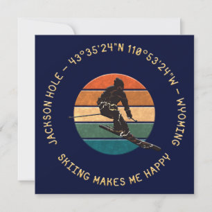 Ski Jackson Hole, Wyoming - Man Skier, Yellow Text Holiday Card