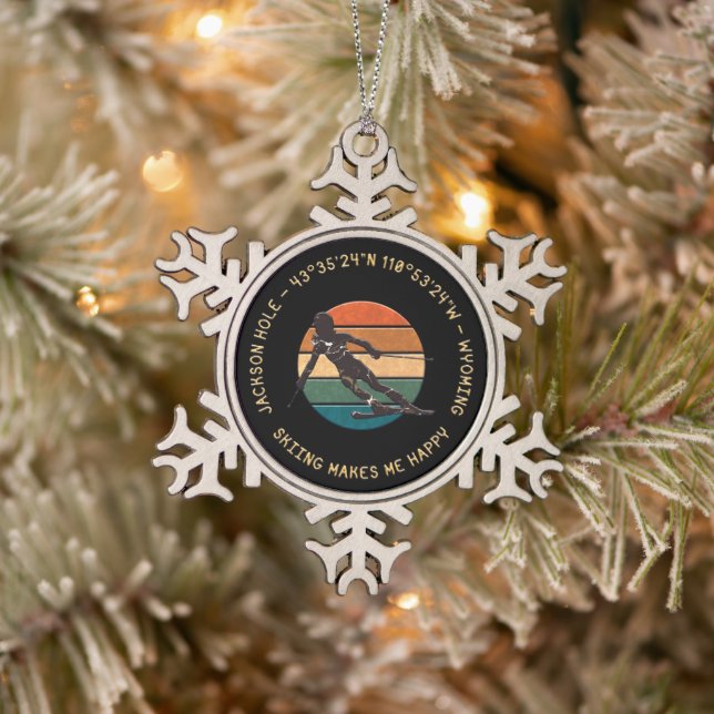 Ski Jackson Hole, Wyoming - Woman Skier Gift Snowflake Pewter Christmas Ornament (Tree)
