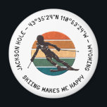 Ski Jackson Hole, Wyoming - Woman Skier On White Magnet<br><div class="desc">Delightful composition of a beautiful woman mountain or downhill skier against the background of colorful circle. A text "JACKSON HOLE - 43°35'24"N 110°53'24"W - WYOMING, SKIING MAKES ME HAPPY" of black color goes around the image. Winter sports, holidays, adventure, fun, and recreation magnet. Popular skiing places in the United States...</div>