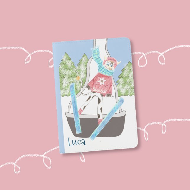 Ski Jumping Cow Kid Passport Cover with Name (Ski jumping cow kid passport holder . )