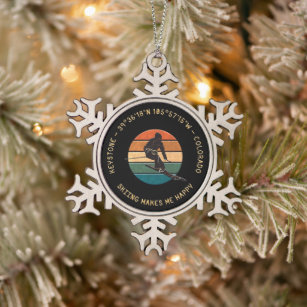 Ski Keystone, Colorado - Man Skier, Yellow Text Snowflake Pewter Christmas Ornament