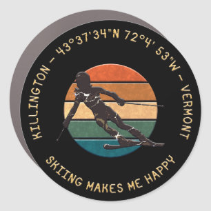 Ski Killington, Vermont - Woman Skier, Yellow Text Car Magnet