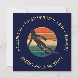 Ski Killington, Vermont - Woman Skier, Yellow Text Holiday Card