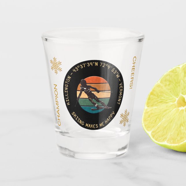 Ski Killington, Vermont - Woman Skier, Yellow Text Shot Glass (Front)