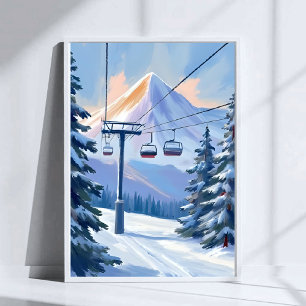 Ski Lift Mountain Winter Watercolor Skiing Poster