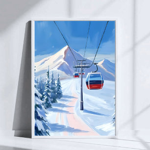 Ski Lift Snow Mountain Gondola Watercolor Poster