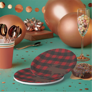 Ski Lodge Moose Plaid Holiday Hostess Party Paper Plates