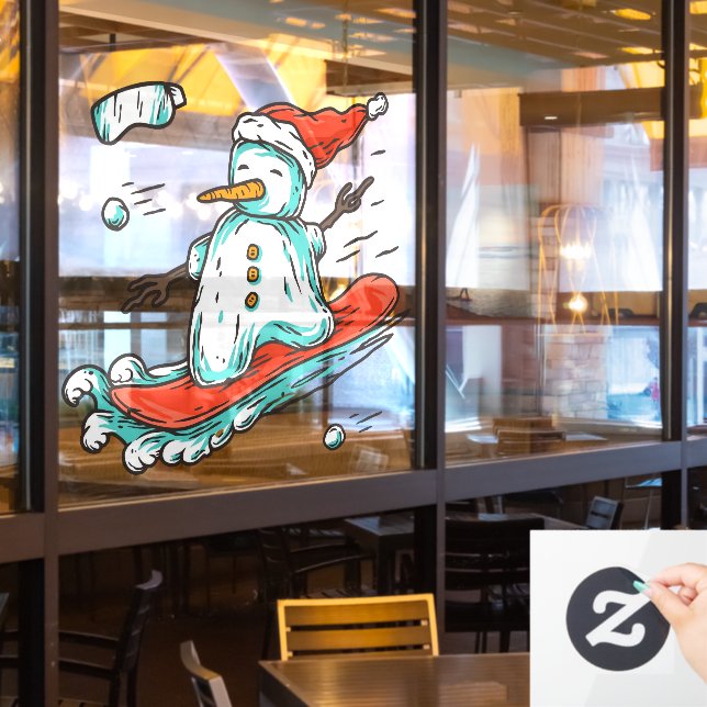 Ski Lodge Santa Winter Snowman On Snowboard Decor Window Cling (Restaurant Window)